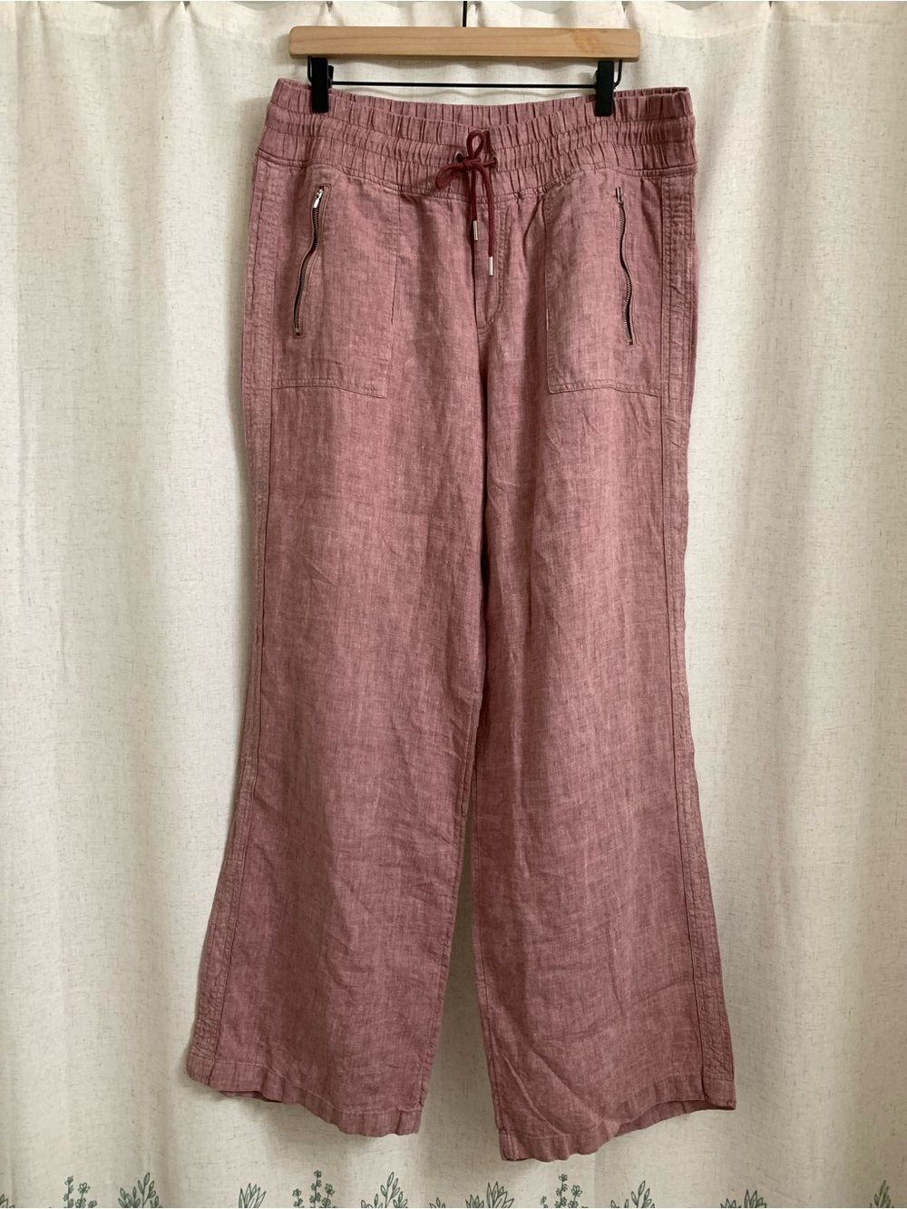 Athleta 100% Linen Cabo Wide Leg Linen-Blend Pants Dusty Rose Pull On Zipper